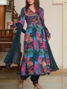 Blue Digital Printed Muslin Anarkali Angrakha Kurti With Afghani Pant And  Dupatta